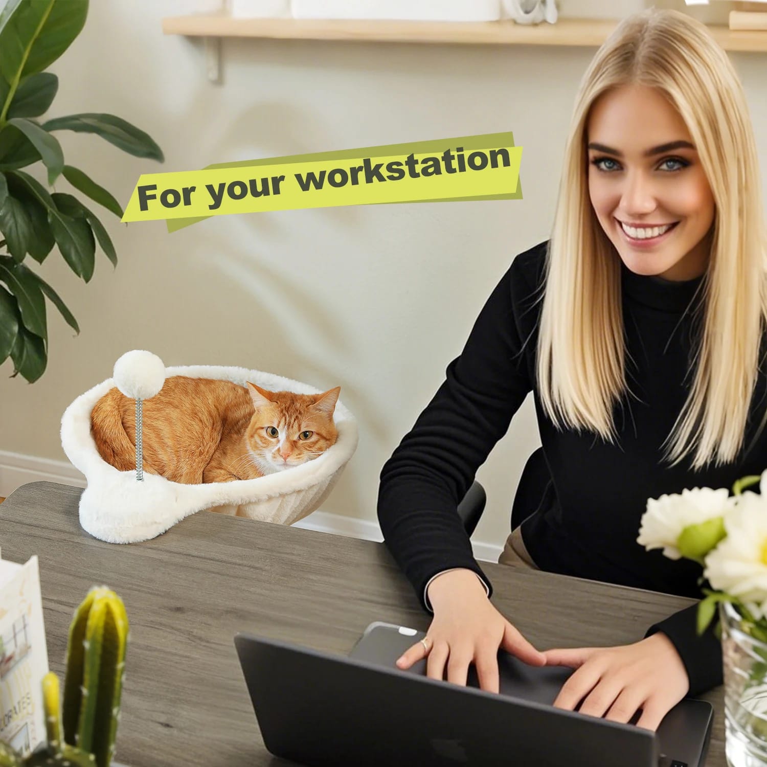 Cozy Removable & Portable Cat Bed Hammock Basket with Plush Ball Toy – Safe Indoor Cat Bed for Desk Use - Image 5