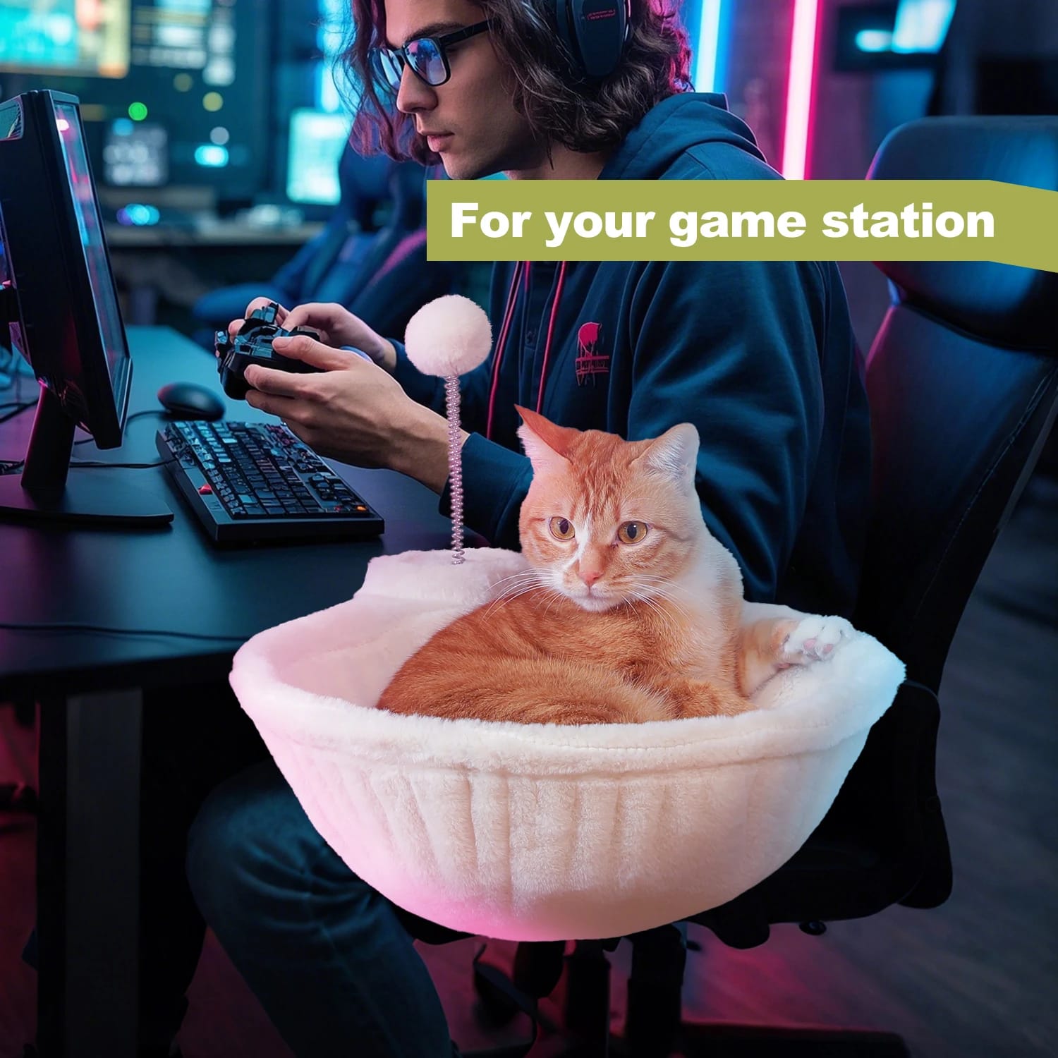 Cozy Removable & Portable Cat Bed Hammock Basket with Plush Ball Toy – Safe Indoor Cat Bed for Desk Use - Image 4