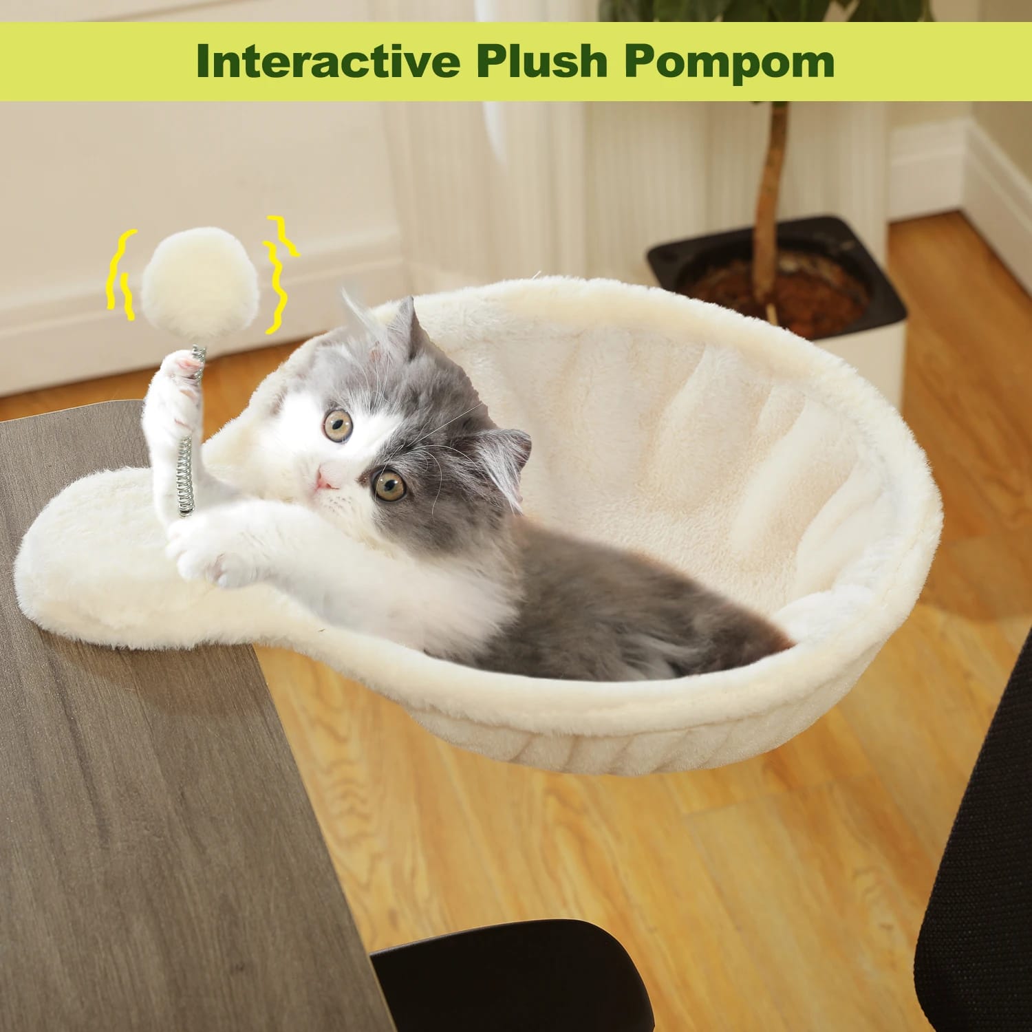 Cozy Removable & Portable Cat Bed Hammock Basket with Plush Ball Toy – Safe Indoor Cat Bed for Desk Use