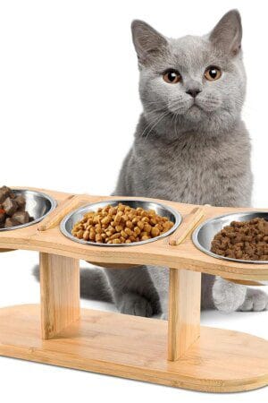 3-in-1 Elevated Cat Feeder – 15° Tilt Raised Food & Water Station with 3 Stainless Steel Bowls and Wooden Stand