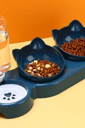 3-in-1 Tilted Cat Food & Water Bowl Set with Gravity Water Feeder – Neck Protection Pet Bowls