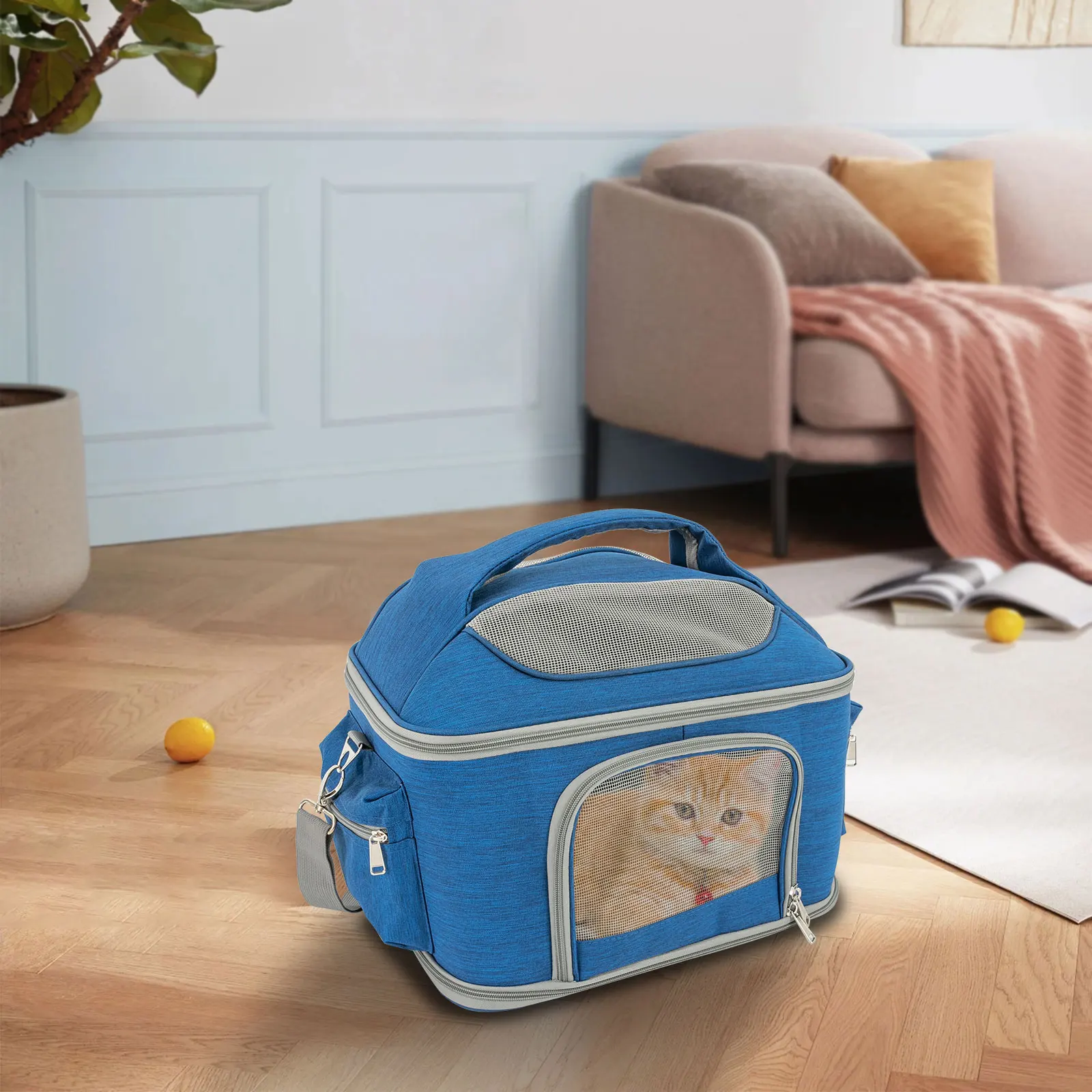 Blue Collapsible Pet Carrier – 600D Oxford Waterproof Travel Bag for Cats (Up to 7kg) - Image 2