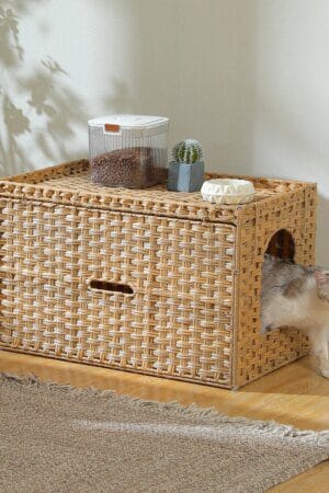 Rattan Cat Litter Box Enclosure – Flip-Up Design with Tall Doorway, Raised Edge Mat & Cat House Furniture