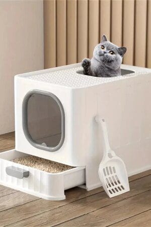 Leak-Proof Enclosed Cat Litter Box with Pull-Out Drawer – Anti-Splash Training Toilet with Lid & Scoop
