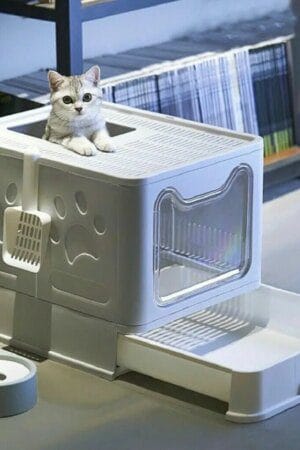 Extra-Large Front Entry Top Exit Cat Litter Box – Foldable Hooded Tray with Drawer & Scoop