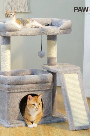Small Cat Tree for Indoor Cats – Sisal Scratching Post, Wide Top Perch & Large Condo with Toys