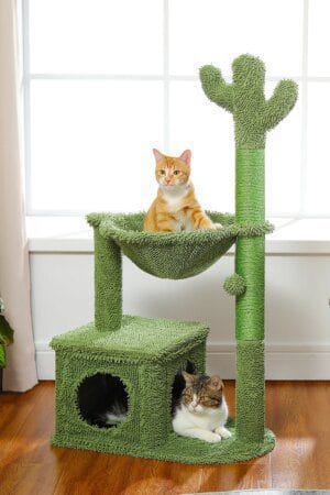 Cactus Cat Tree with Large Condo & Hammock – Small Indoor Cat Tower with Scratching Post & Toys