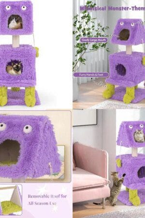 3-Tier Monster-Themed Cat Tower – Sisal Scratching Posts, 2 Enclosed Condos & Hanging Toys