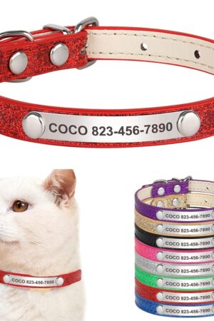 Custom Bling Leather Cat Collar with Engraved ID Nameplate for Cats & Small Dogs