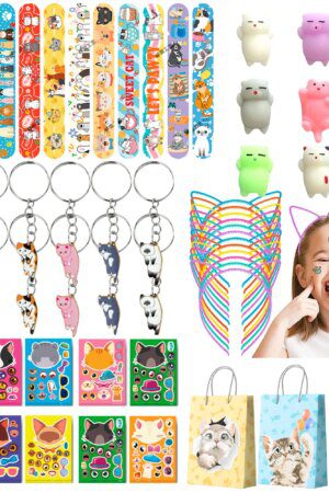 Cat Party Favors Set – 72pcs Kitty Party Supplies with Bags, Headbands & Toys
