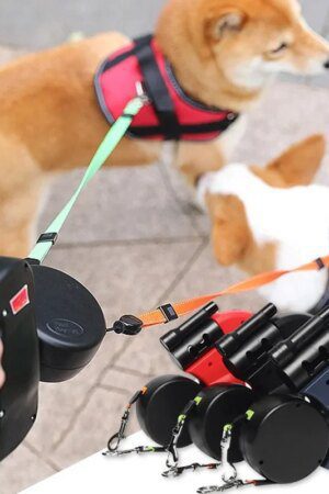 3-in-1 Double Head Retractable Dog Leash with Flashlight, Poop Bag Dispenser & Reflective Rope