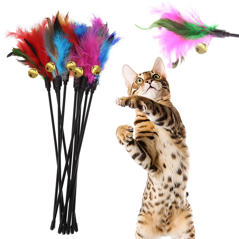 5PCS Colorful Chicken Feather Cat Wand Toys – Funny Portable Interactive Cat Teaser Sticks