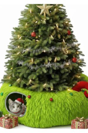 Fluffy Plush Cat Tunnel Bed Christmas Tree Skirt – Donut Peekaboo Cat Tunnel (3ft x 3ft)