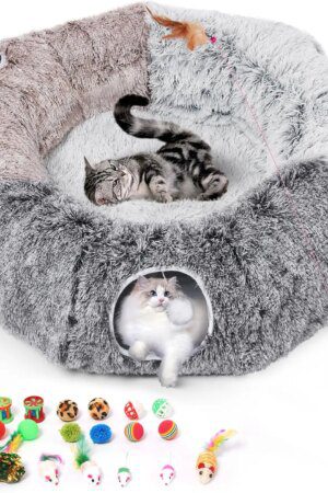 Large Cat Tunnel with Warm Bed & 20 Toys – Detachable Indoor Play Cave for Kittens